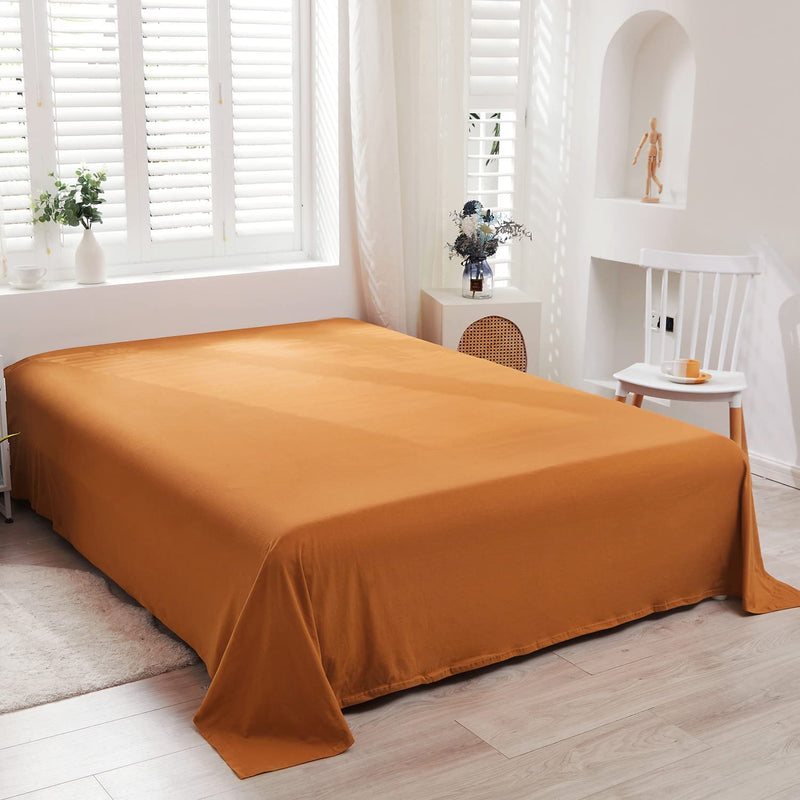 Burnt Orange Flat Sheet Queen, Ultra Soft Jersey Knit Cotton Flat Sheet, Queen