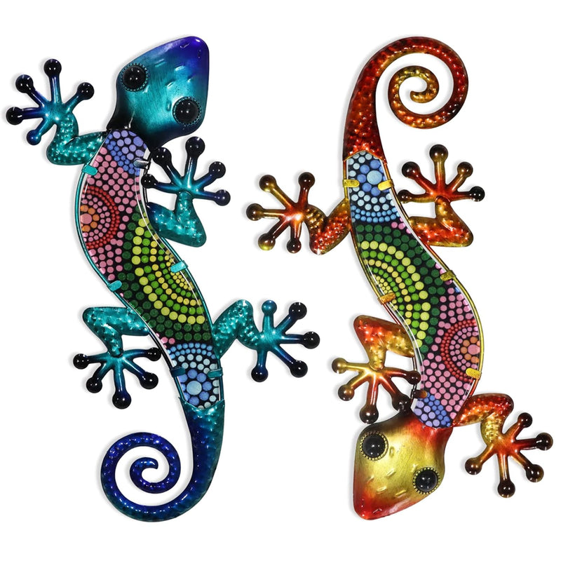 Metal Gecko Wall Art 2 Pack 15 Inch Lizard Outdoor Decor Hanging Glass Sculptu