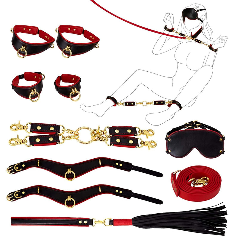 Sex Bondage Bdsm Kit Restraints 7Pcs Sets With Adjustable Handcuffs Collar Blindfold Cross Strap Whip Adult Sex Toys For Men Women And Couples | Black And Red With Organizer Bag