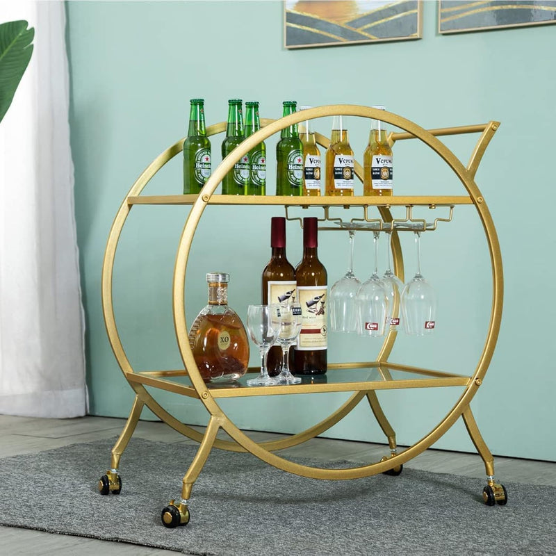 Round Gold Bar Cart 2 Mirrored Shelves Bar Serving Cart With Wheels And Glass