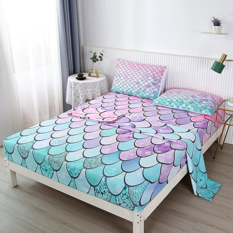 Mermaid Scales Bed Sheets Set For Girls, Pink Aqua Colorful Sheet Set, Deep Po