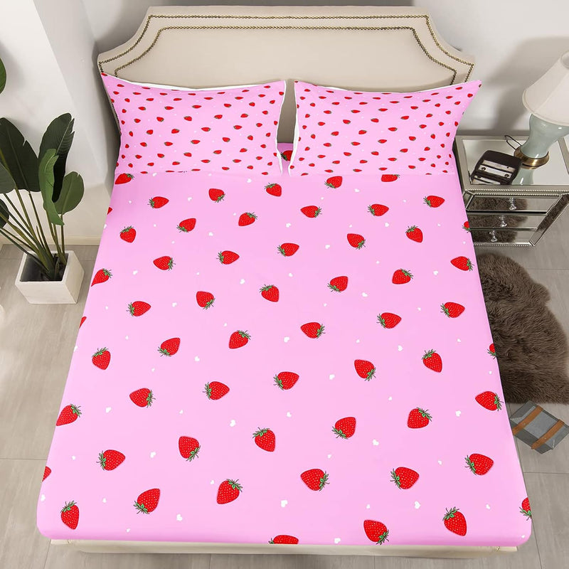 Kawaii Bedding, Strawberry Fitted Sheet, Girls Women Kids Kawaii Room Decor, P