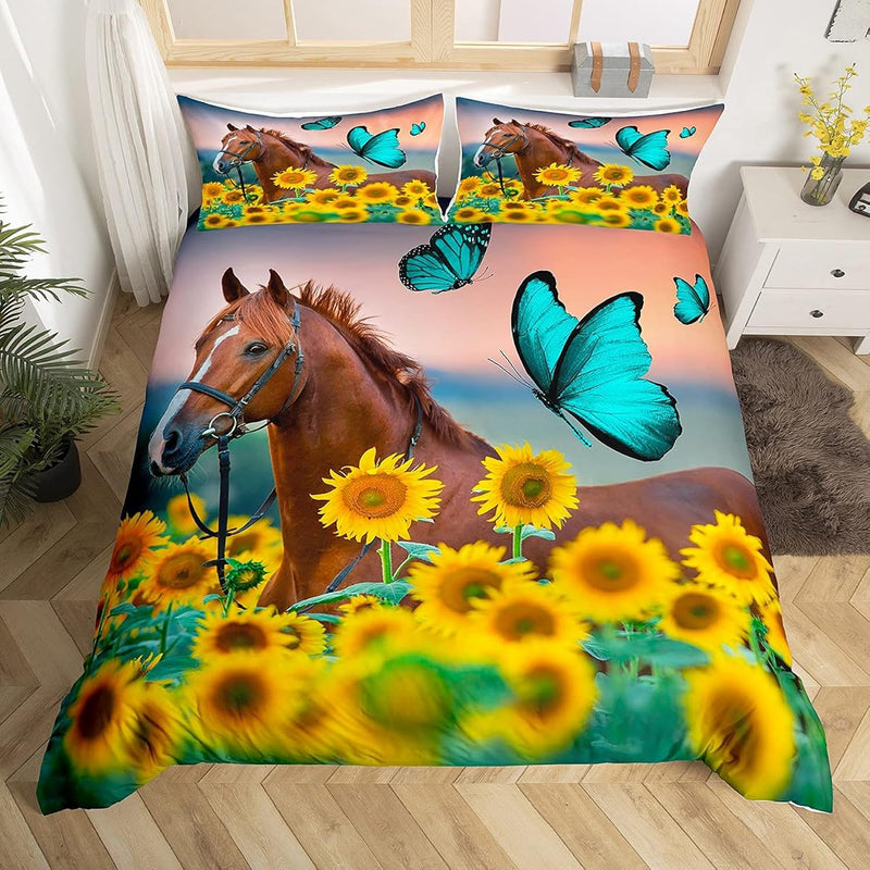 Horse Comforter Cover Yellow Sunflower Printed Bedding Set Twin Size Boys Girl