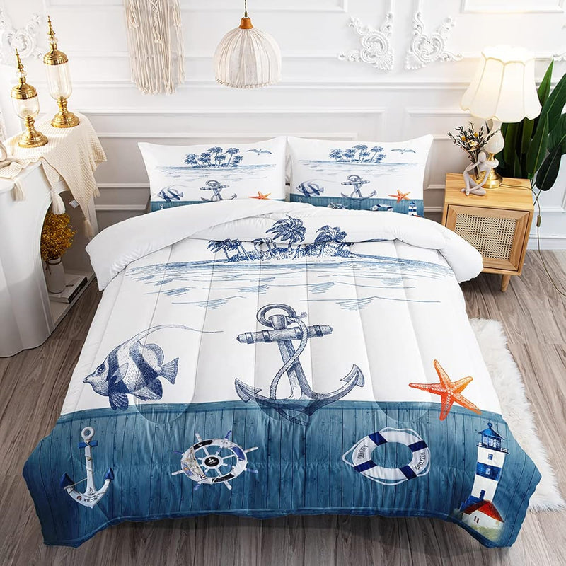 Nautical Sailboat Comforter Set For Kids And Adults, Twin Size Anchor Rudder T