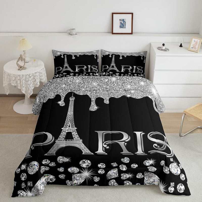 Paris Bedding Sets Queen For Women,Girly Glitter Eiffel Tower Comforter Set Fo
