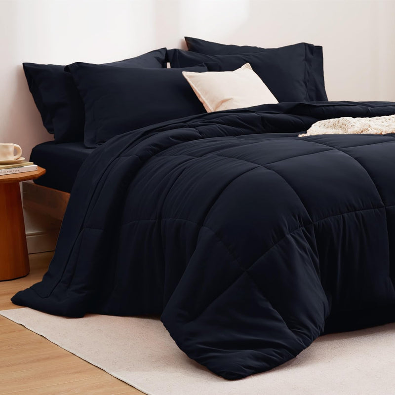 Black Full Bed Set - 7 Pieces Solid Full Size Comforter Set, Full Bedding Set