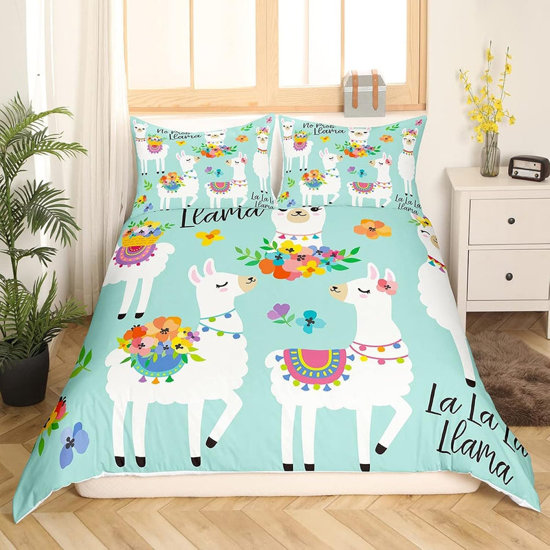Cute Llama Duvet Cover Llama Floral Botanical Nature Theme Bedding Set For Kid