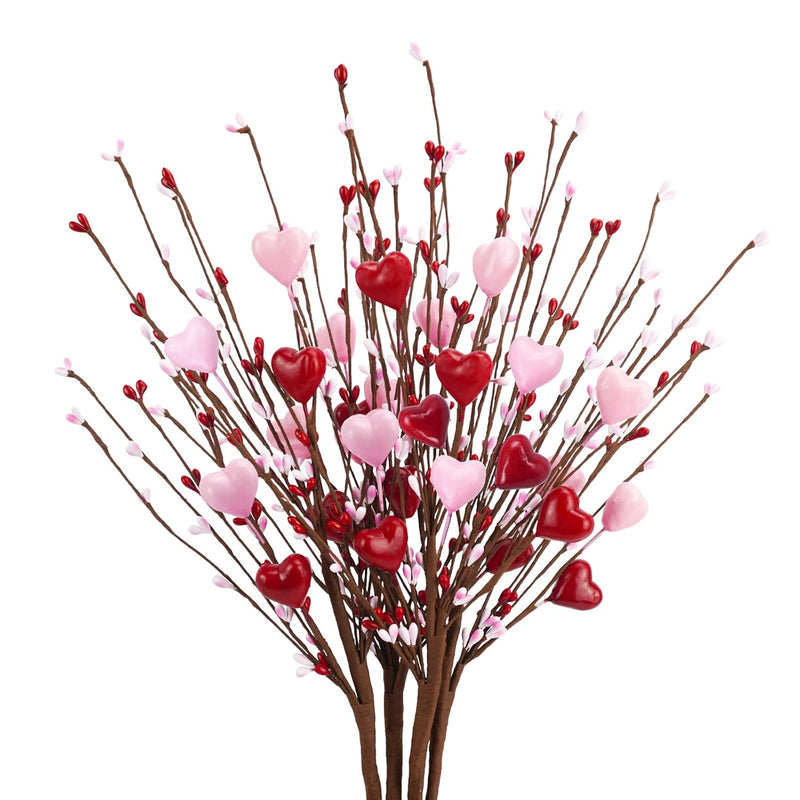 6 Pcs Valentine’S Day Picks Artificial Red Berry Flower Stems With Pink Hearts