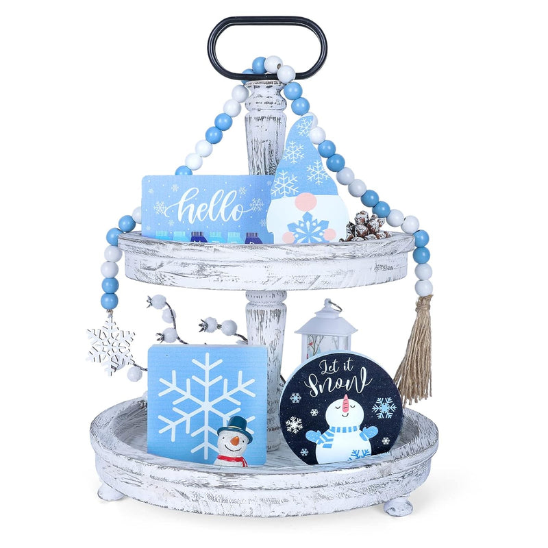 4Pcs Winter Wooden Tiered Tray Decor With Wood Bead Garland Snowman Gnome Snow
