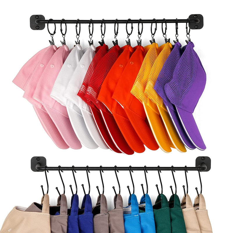 Hat Rack For 24 Baseball Caps, Metal Hat Organizer With 12 Clips And 12 Hooks, H