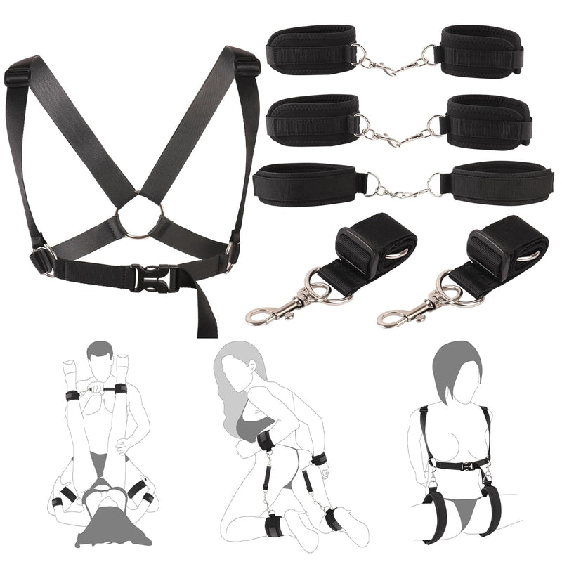 Bdsm Bondage Sex Restraints Kit, 4 In 1 Wrist/Ankle Cuffs With Thigh Sling Breast Belt, Adjustable Straps Reversible Slave Handcuffs Harness Fetish Restraints Bed Sm Game Toys For Adults Couples