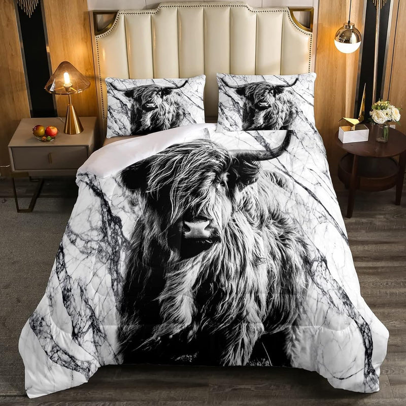 Highland Cow Print Bedding Set King,Grey Cow Print Comforter Set For Teens Boy
