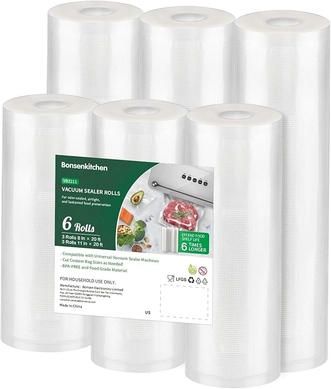 Vacuum Sealer Rolls Bags, 6 Pack 3 Rolls 11" x 20' + 3 Rolls 8" x 20' Commercial Grade BPA Free Bag Rolls, Durable Customized Size Food Vac Bags for Storage and Sous Vide Cooking