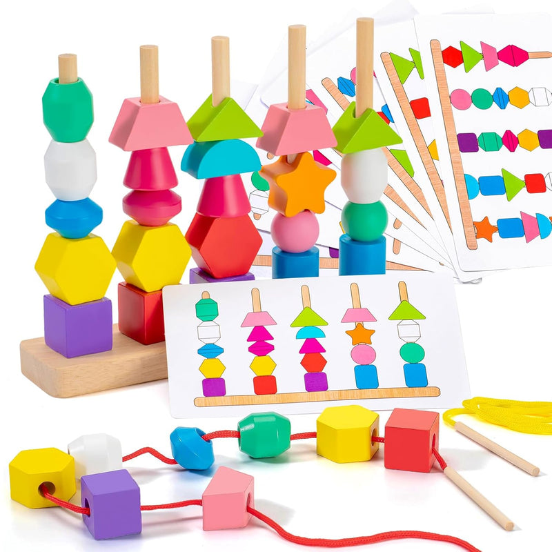 Montessori Toys Bead Sequencing, Wooden Lacing Beads & Matching Shapes Colo