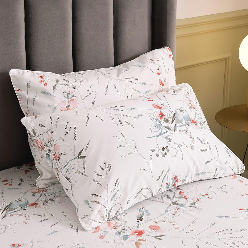 100% Egyptian Cotton Floral Pillow Cases Queen, Bird Flowers Print Pattern Bed