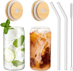 Drinking Glasses with Bamboo Lids and Glass Straw 2PCS Set, 16oz Glass Cups with Lids and Straws, Beer Glasses, Iced Coffee Glasses, Soda, Gift 1 Cleaning Brushes