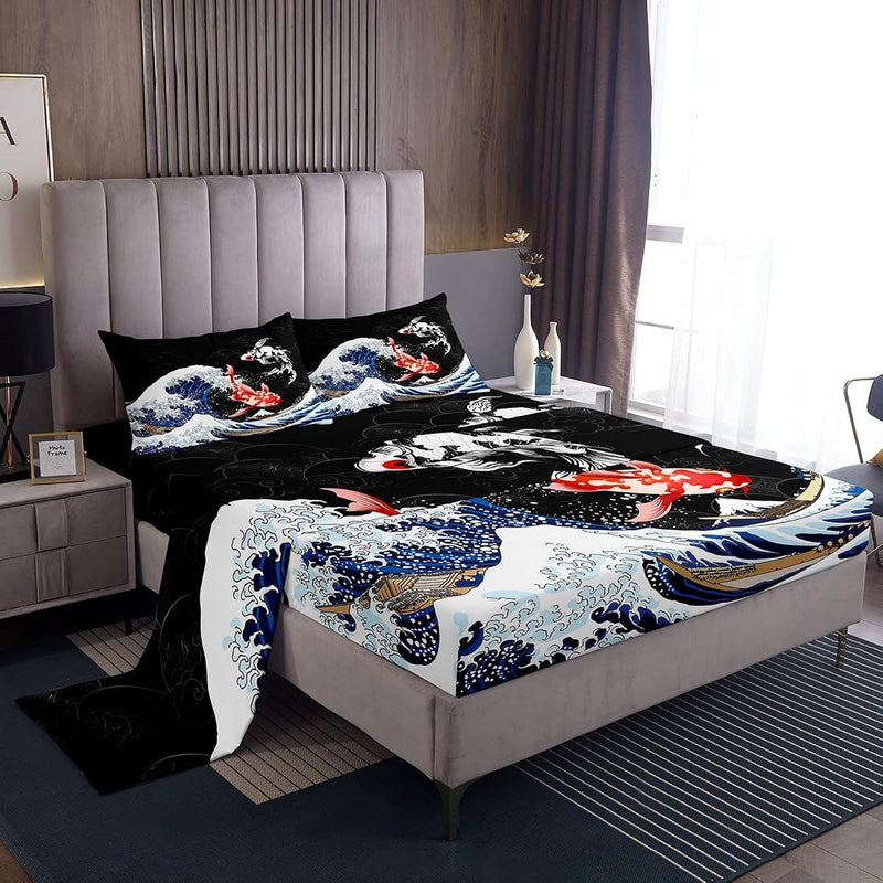 Japanese Ukiyoe Fish Bed Sheets Ocean Surfing Koi Toddler Sheet Set Kids Boys