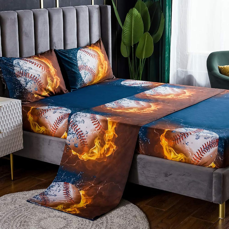 4Pc Baseball Bed Sheets Fulll Size Sport Bedding Sheet Sets With Flat Fitted S