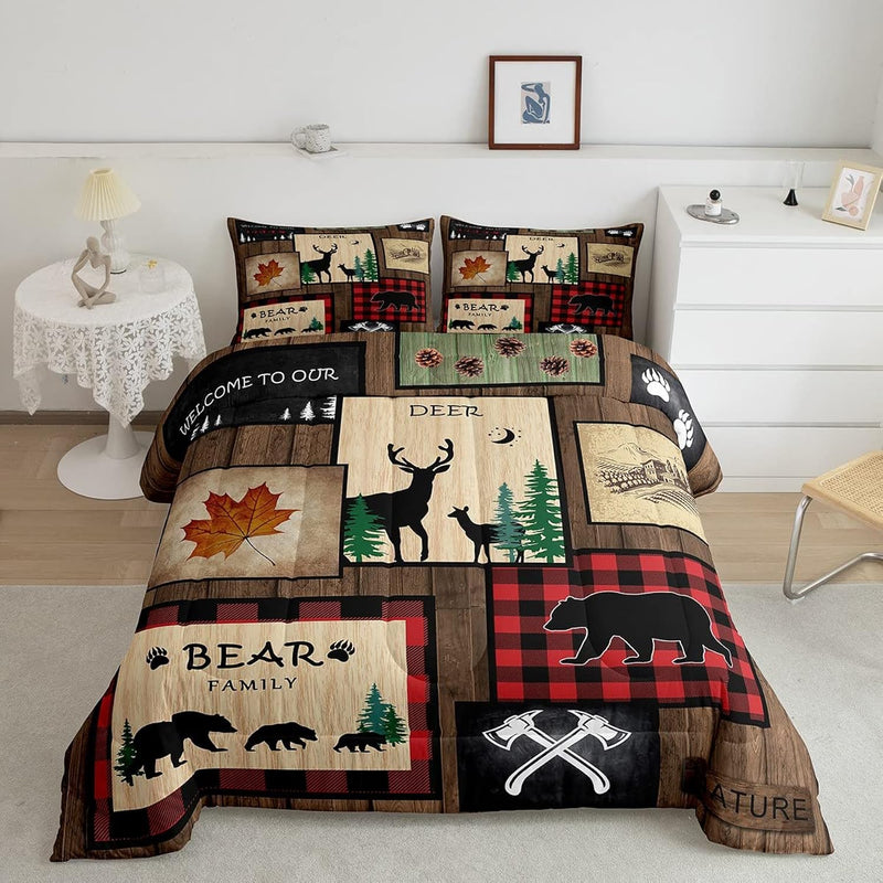 Rustic Comforter Set Twin Size, Wildlife Deer Bear Trees Print Quilt Set With