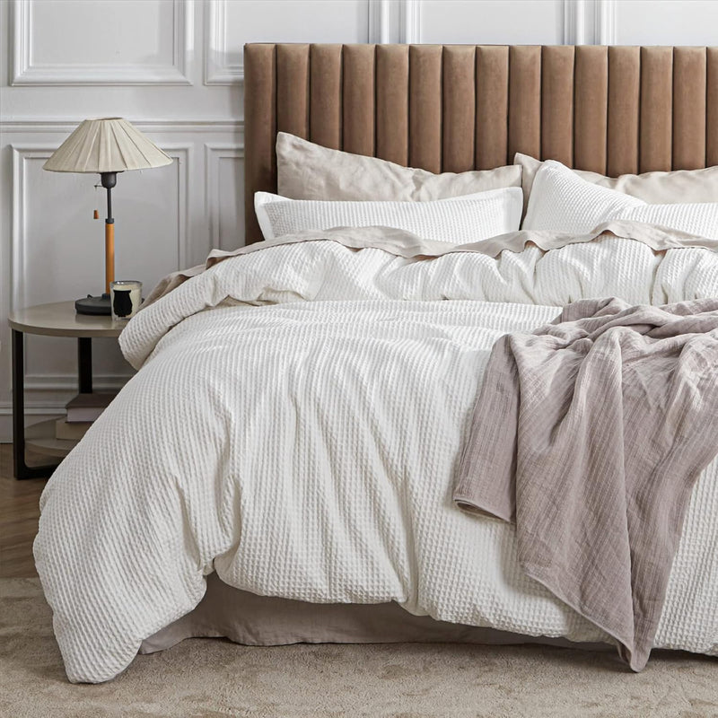 Cotton Duvet Cover Set - 100% Cotton Waffle Weave Coconut White Duvet Cover Qu