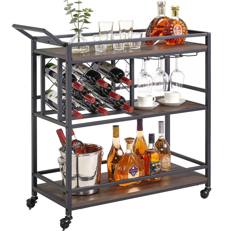 Bar Cart For The Home With Wine Rack And Glasses Holder, Industrial Liquor Ser