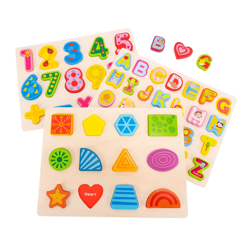 Wooden Alphabet Number Shape Learning Puzzles For Toddlers, 3 In 1 Abc Lett