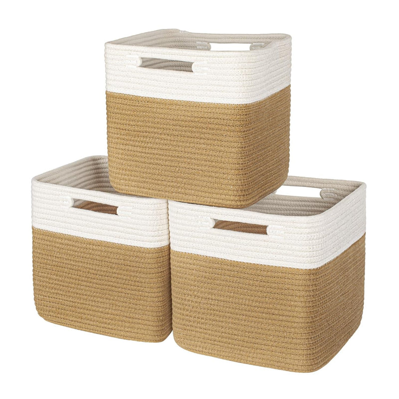 Hand Woven Cotton Baskets For Storage, Cube Storage Bins With Handles, Foldable