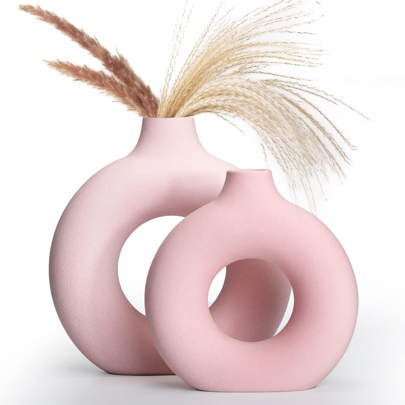 2-Pack Light Pink Ceramic Vase For Modern Home Decor, Round Matte Pampas Flowe