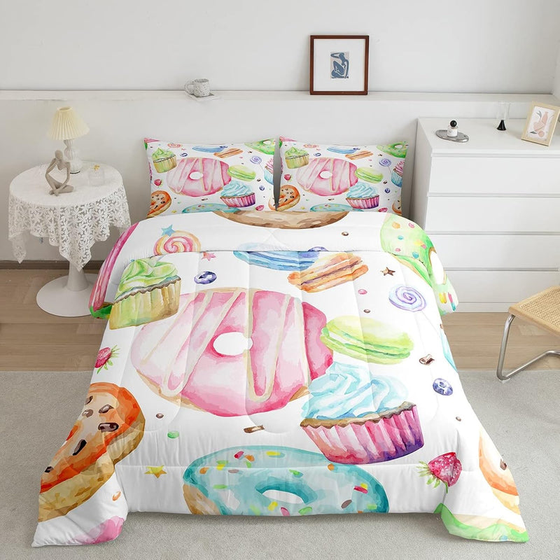 Food Comforter Set Queen Size,Donut Ice Cream Candy Bedding Set 3Pcs For Kids