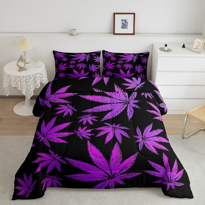 Marijuana Leaf Full Size Comforter Set Weed Leaf Botanical Black Purple Beddin