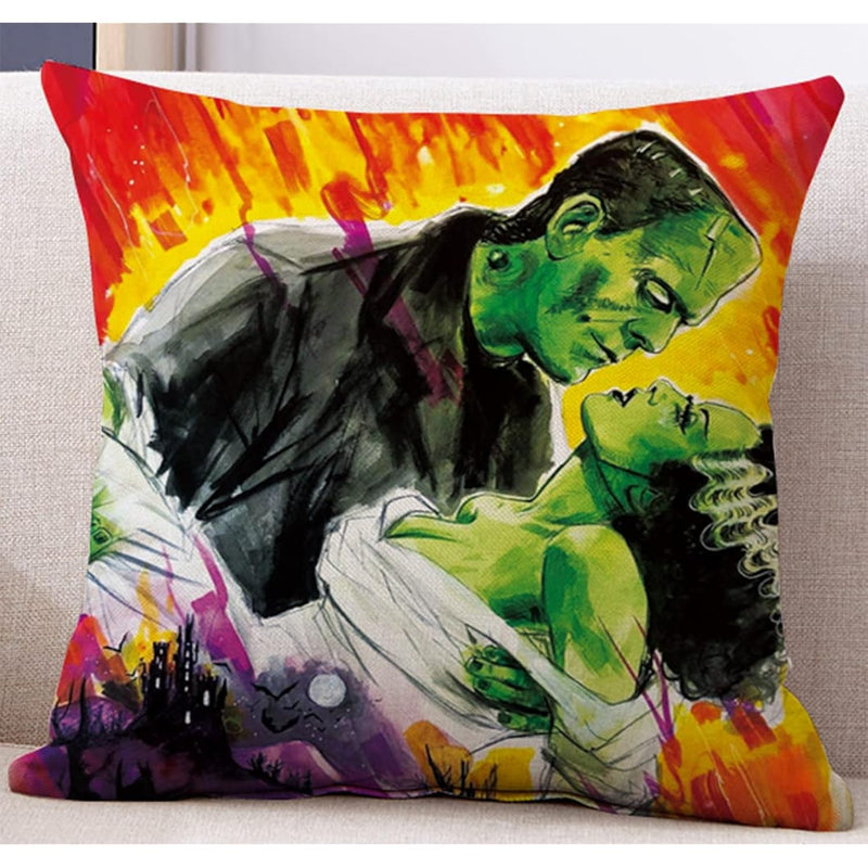 Colorful Couple Throw Pillow Cover Frankenstein And Bride Pillowcase Halloween