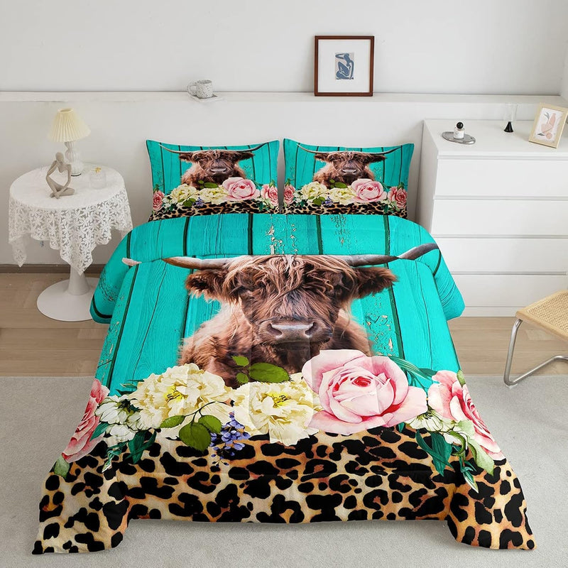 Highland Cow Bedding Set Leopard Floral Comforter Set For Kids Boys Girls Brow