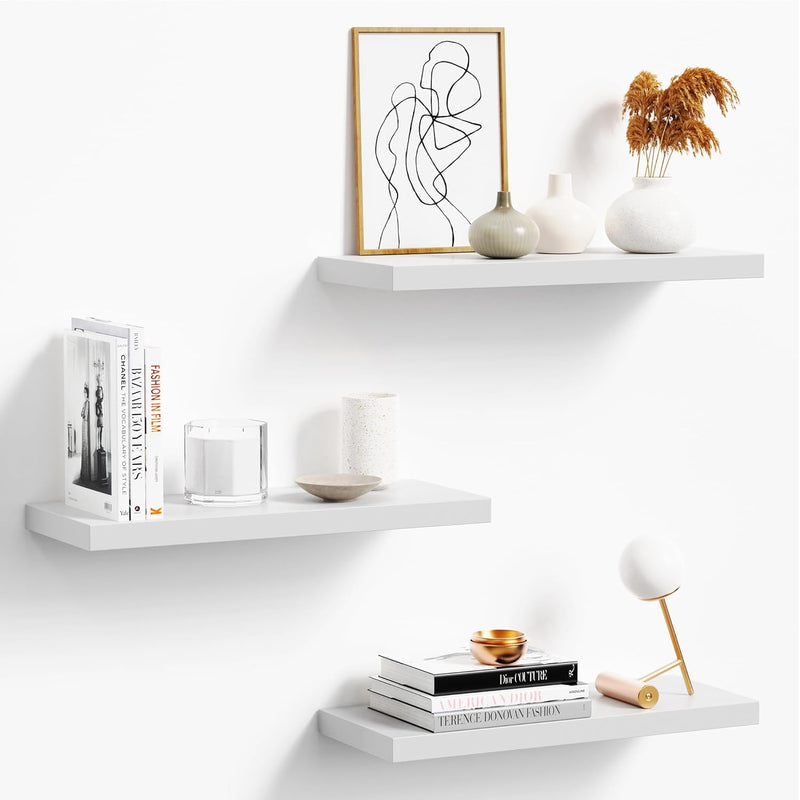 Floating Shelves For Wall, White Wood Wall Shelf Set Of 3, 16" Wall Mounted Fl