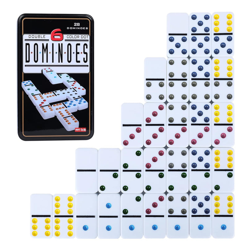Double 6 Dominos Set for Adults with Tin Box Storage - 28 Tile Colorful Dot