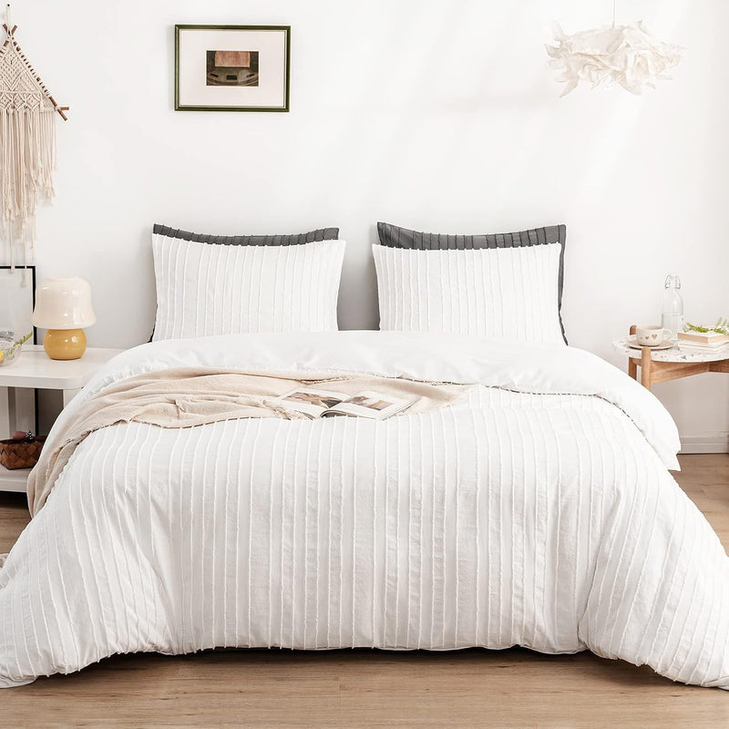 White Boho Duvet Cover Set King Size, Striped Textured Duvet Cover Tufted Bedd