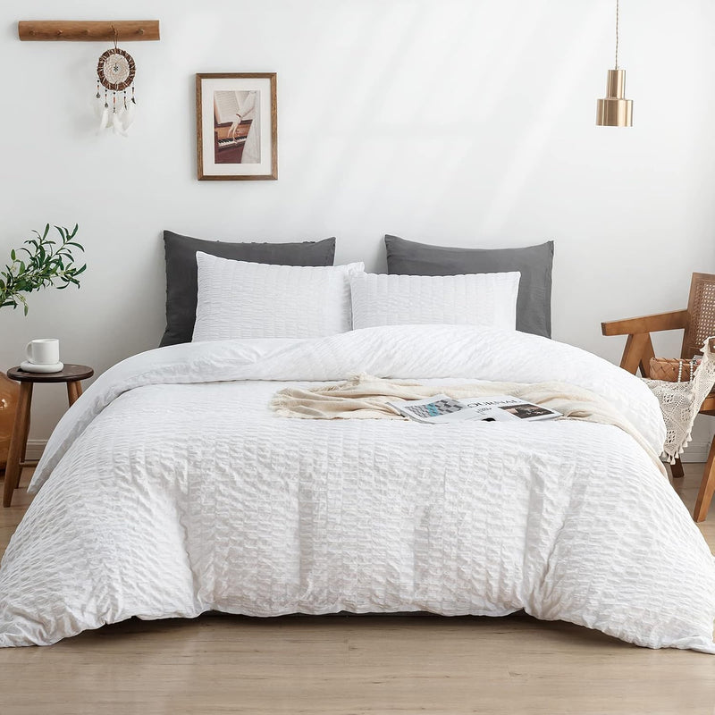 Duvet Cover Set King Size, 3Pcs Washed Microfiber White Bedding Set, Soft Brea