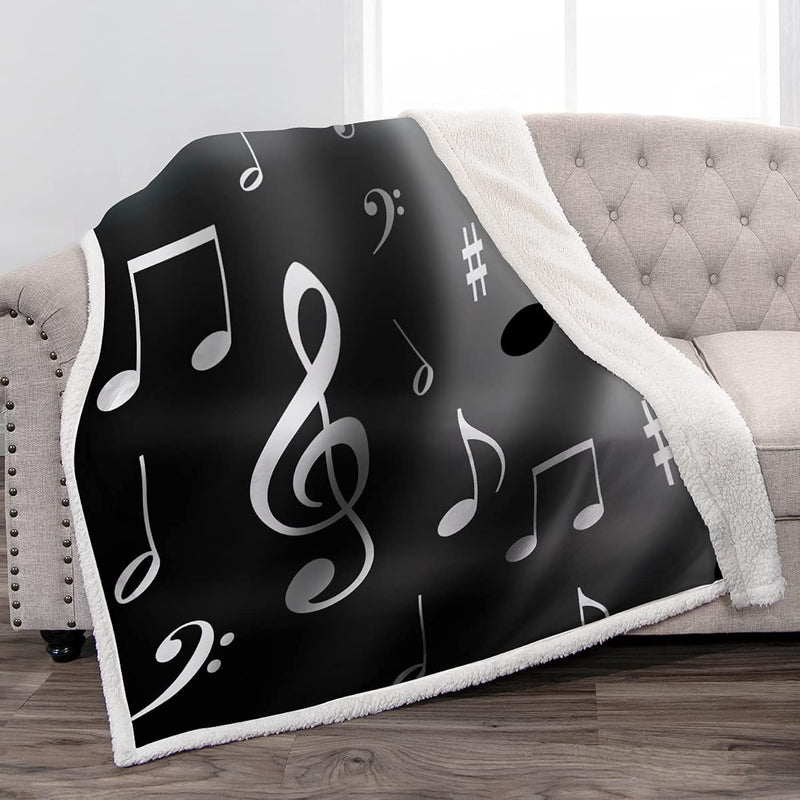 Music Note Sherpa Blanket Print Throw Black Blanket Soft Comfortable For Music