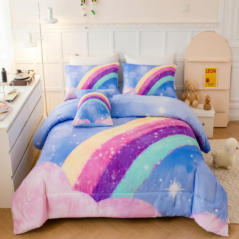 Blue Girls Bedding Set Twin, 6Pcs Colorful Rainbow Kids Comforter Sets, 3D Gra
