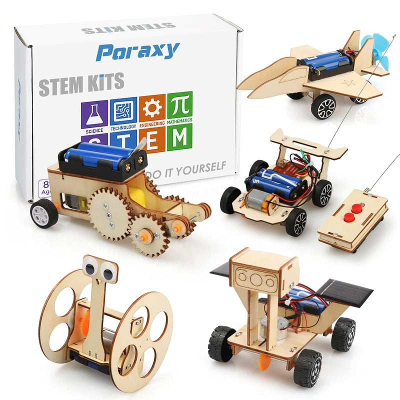 Poraxy STEM Model Car Kits, Toys for Boys Age 8-12, 5 in 1 Kids Wood Buildi
