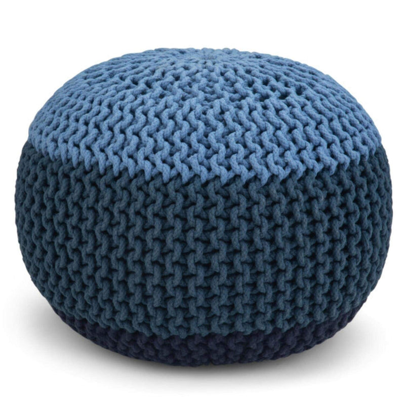 Nikki Round Hand Knit Pouf, Footstool, Upholstered In Blue, Navy Blue Cotton,