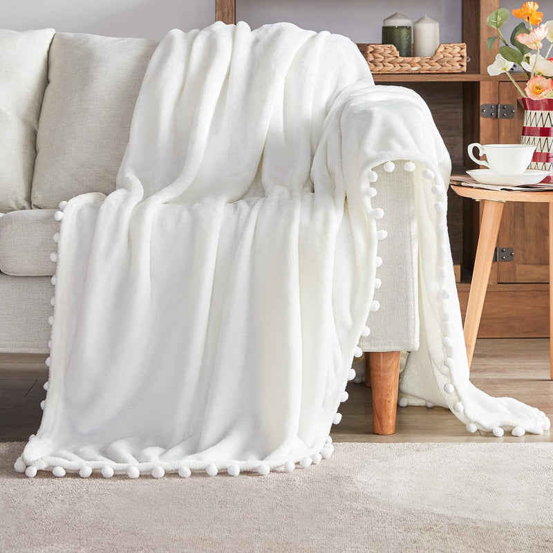 Fleece Throw Blanket With Pompom Fringe, White Flannel Blankets And Throws For