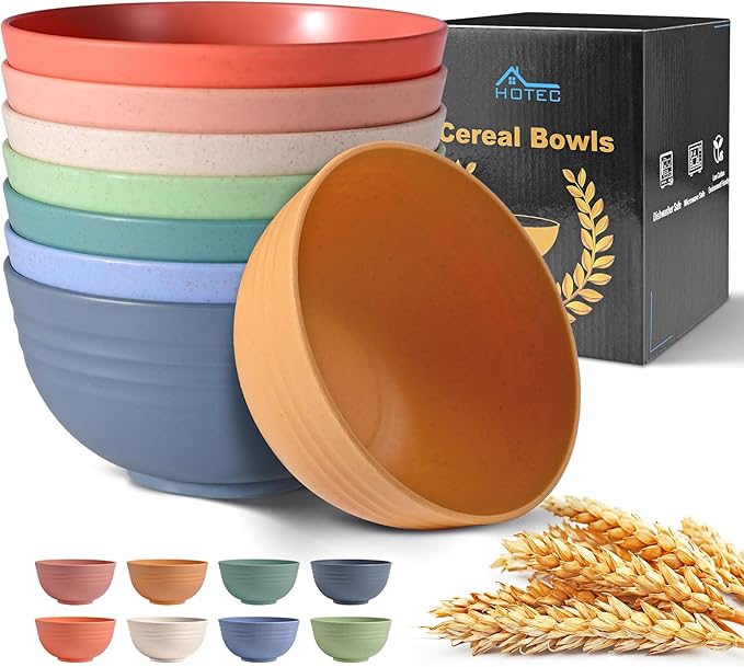 Unbreakable Wheat Straw Cereal Bowls - Microwave & Dishwasher Safe Soup and Salad Bowls, Set of 8, 26oz, BPA Free, Multicolor