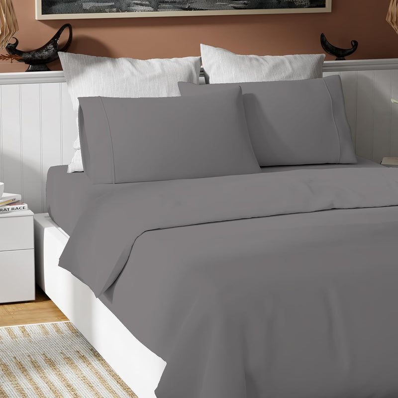 100% Cotton 4Pcs Dark Gray Bed Sheets Set Full Size, Percale Weave Highly Brea