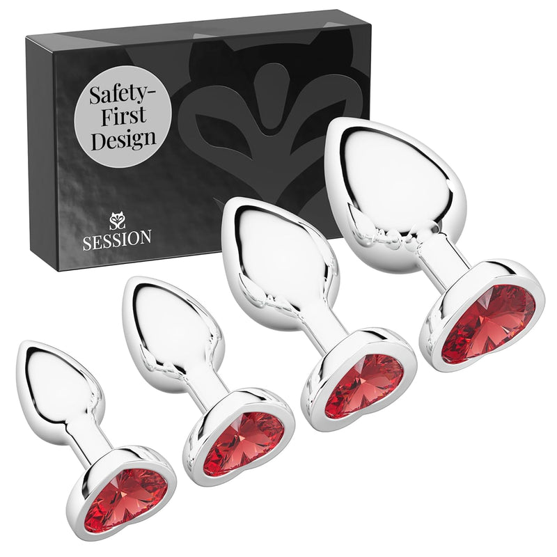 Jewel Butt Plug Beginner 4 Piece Set - Extra Small, Small, Medium, Large - Wide Base Prevents Slippage - Metal Anal Sex Adult Toy For Men & Women - Heart Shaped Charm (Silver & Red)