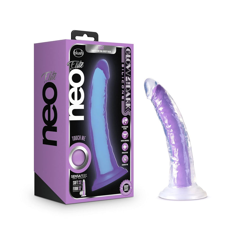 Neo Elite Glow In The Dark Light 7 Inch Silicone Dual Density Suction Cup Harness Compatible Dildo Sex Toy For Men Women Couples