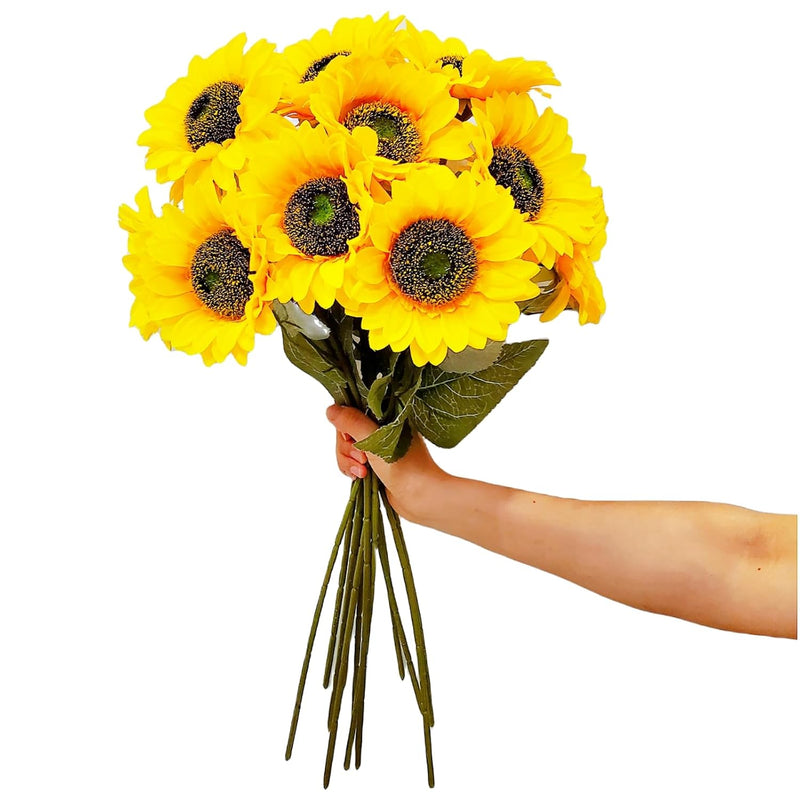 8Pcs Artificial Sunflowers Long Stem Silk Fake Yellow Sunflower Decoration For