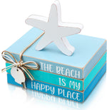 4 Pieces Beach Wooden Decor Beach Tiered Tray Decor Mini Wood Book Stacks Beach Wooden Book Rustic Farmhouse Decor Decorative with Starfish Shell Tag for Tiered Tray Decor
