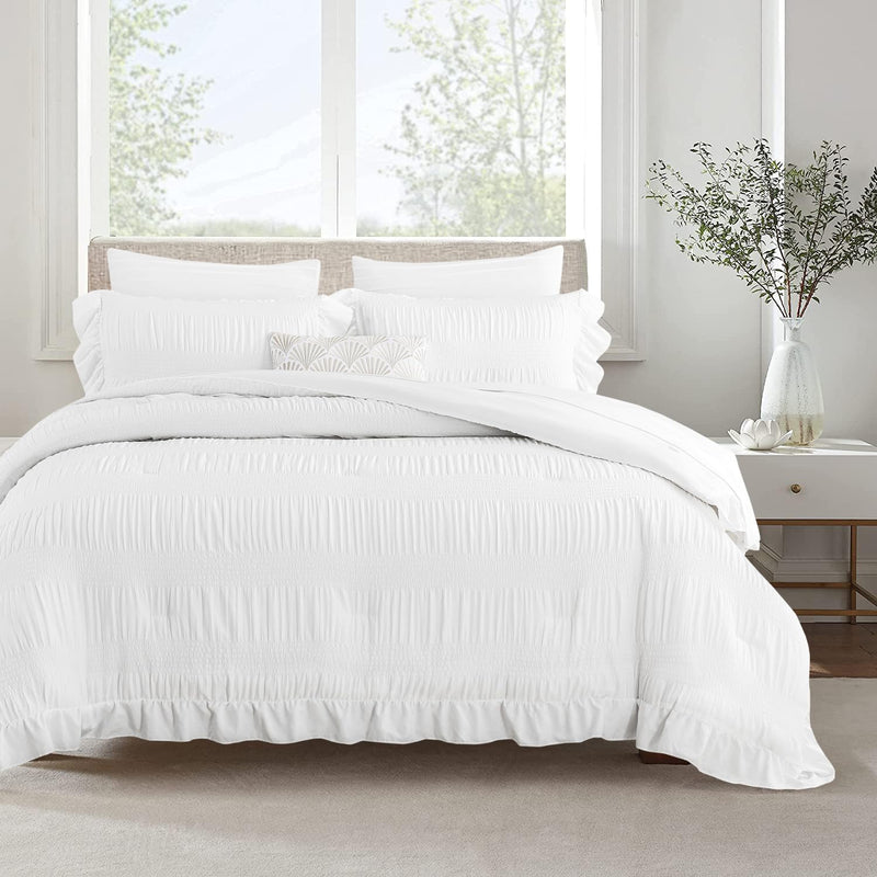 White Twin Comforter Set, Seersucker Vintage Comforter Ultra-Soft Pure White B