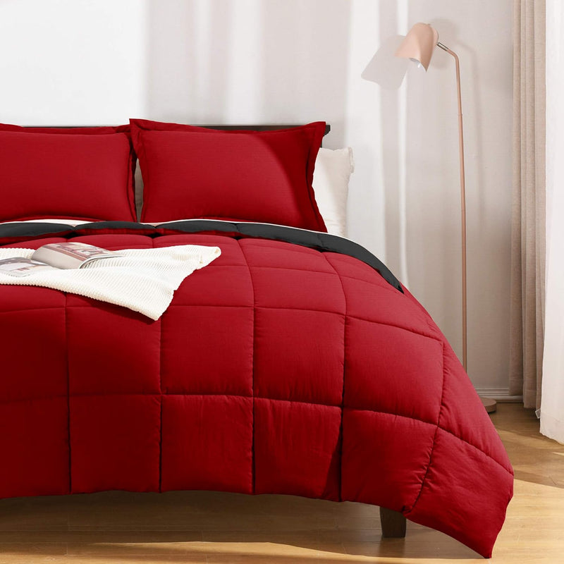 Red And Black Comforter Set Queen Size - Washed Microfiber Reversible Queen Be