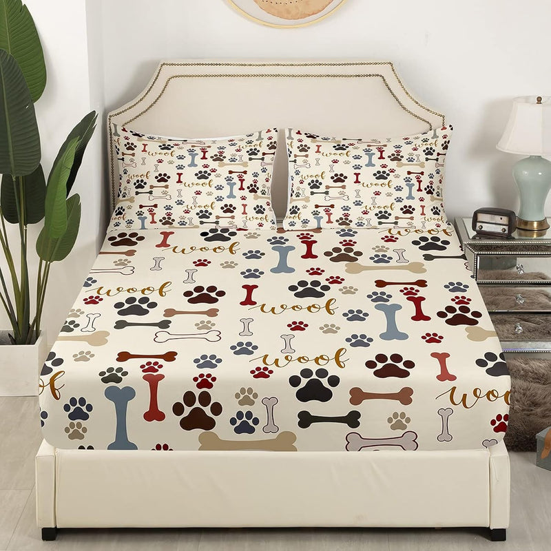 Cute Dog Paws Print Kids Fitted Sheet Twin Size,Corgi Pug Lovely Animals Pets